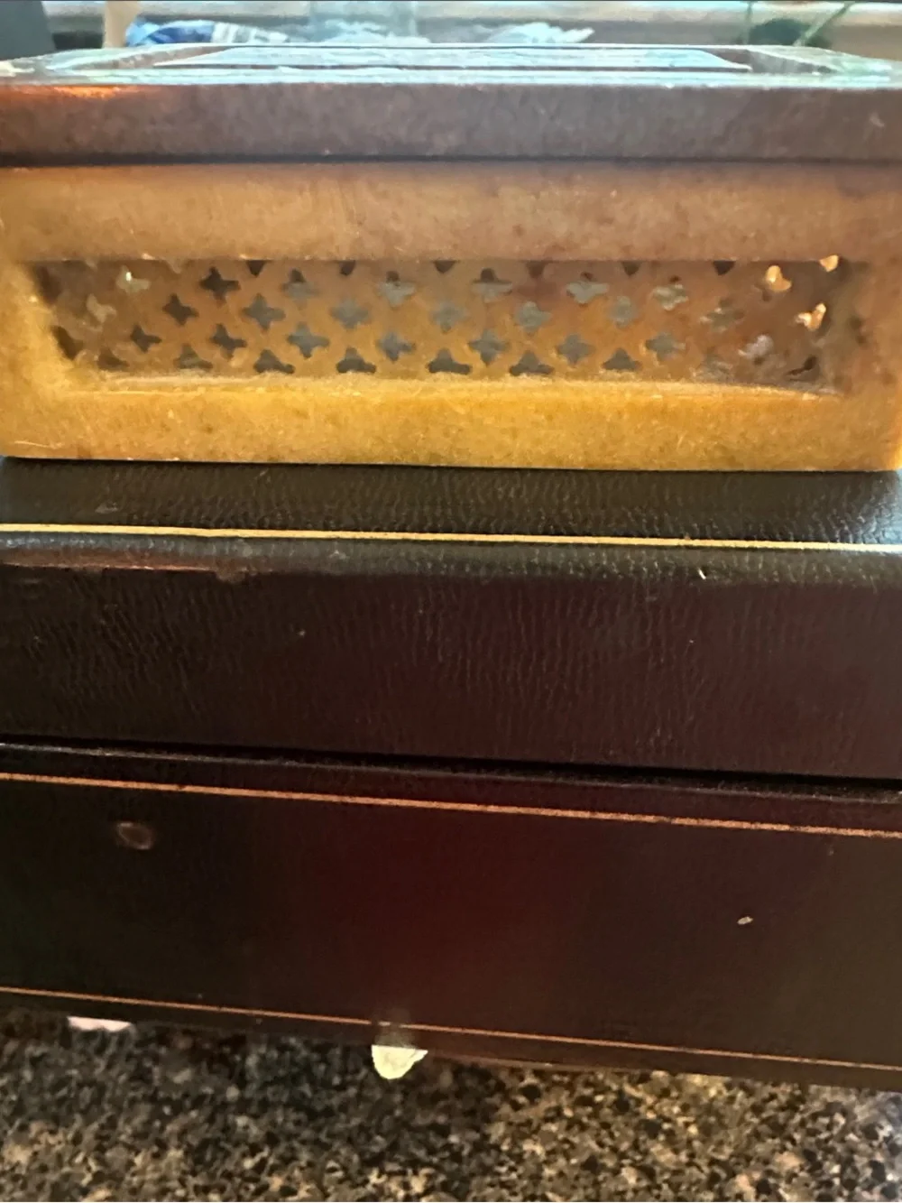 Handcrafted Brown Stone Cricket Box with Floral Inlay